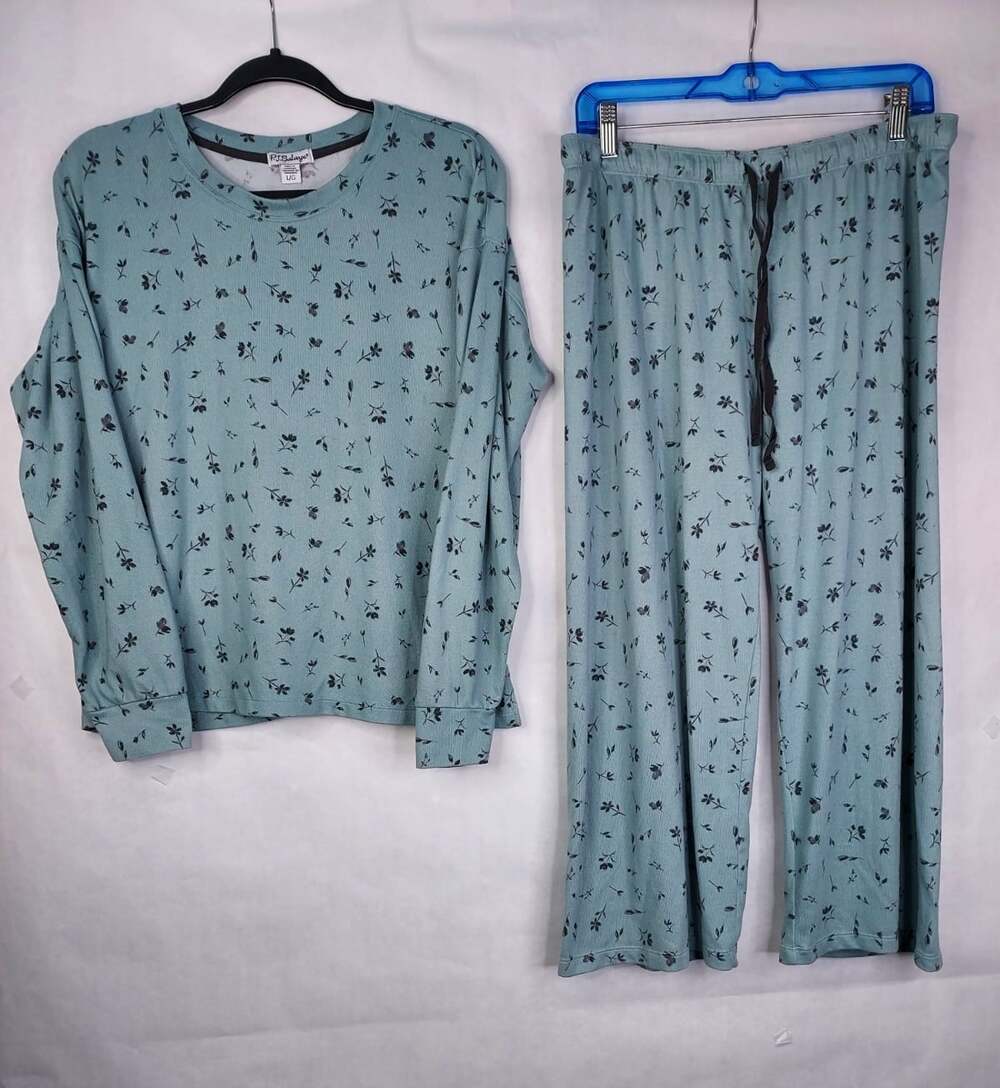 PJ Salvage Pajama Pant Set Women L Popover Top Green Leaf Jersey Lounge Jammies